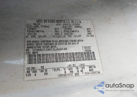 2003 Ford Expedition Xlt z USA, uszkodzony, nr VIN 1FMRU15W13LA66148